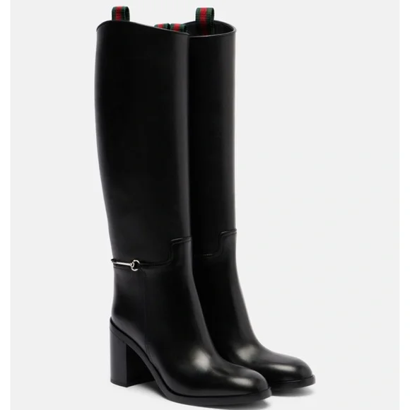 GUCCI Horsebit slim clamp web stripe trimmed knee tall boots - Picture 3 of 7